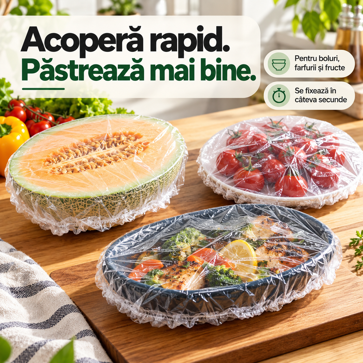 Set 100 Pungi Elastice Tip Capac – pentru Castroane și Recipiente