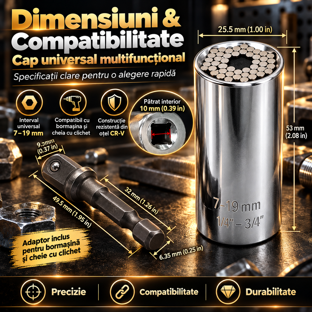 Cap Universal pentru Bormașină și Cheie cu Clichet 7-19 mm