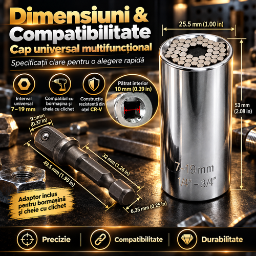 Cap Universal pentru Bormașină și Cheie cu Clichet 7-19 mm